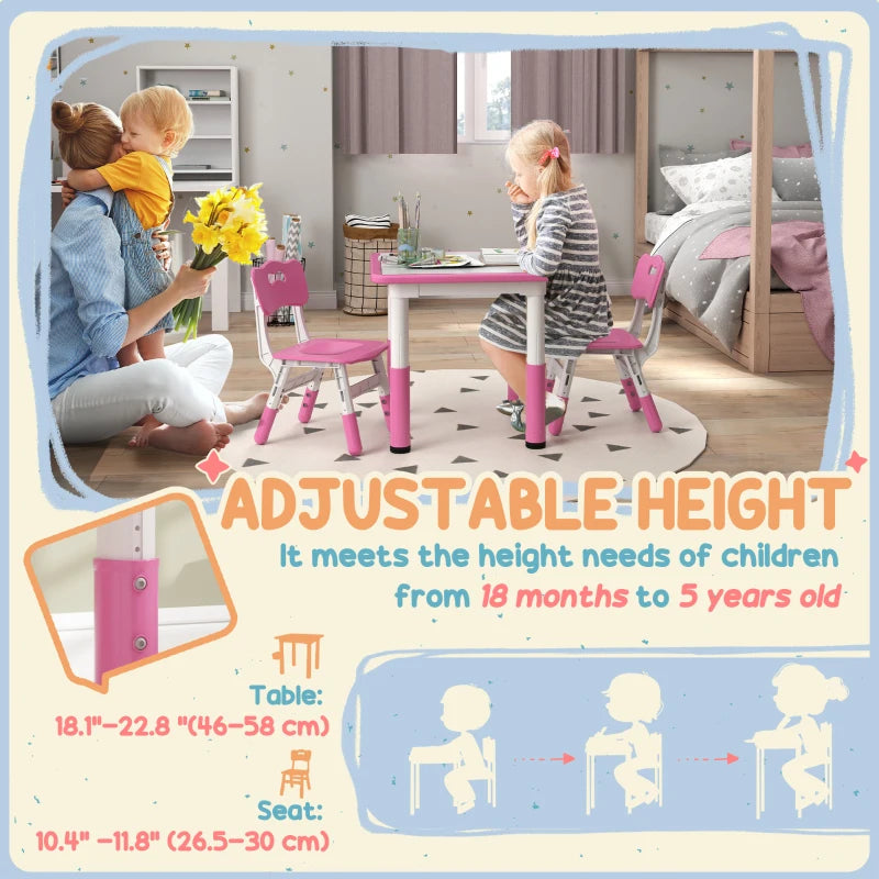 Height Adjustable Toddler Table and Chair Set, 3-Piece Children Activity Table w/ 2 Chairs for Playroom, Bedroom - Pink