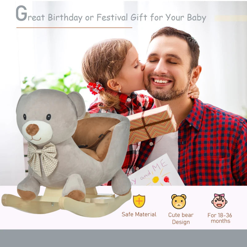 Kids Children Rocking Horse Plush Ride On Bear Seat w/ Sound Wood Base Seat Safety Belt Toddler Baby Toy for 18-36 Months Grey