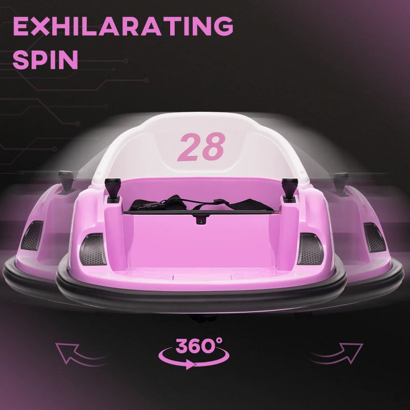 360° Rotation Kids Bumper Car, 12V Waltz Car with Remote Control, Dual Joystick, Music, Lights, Pink