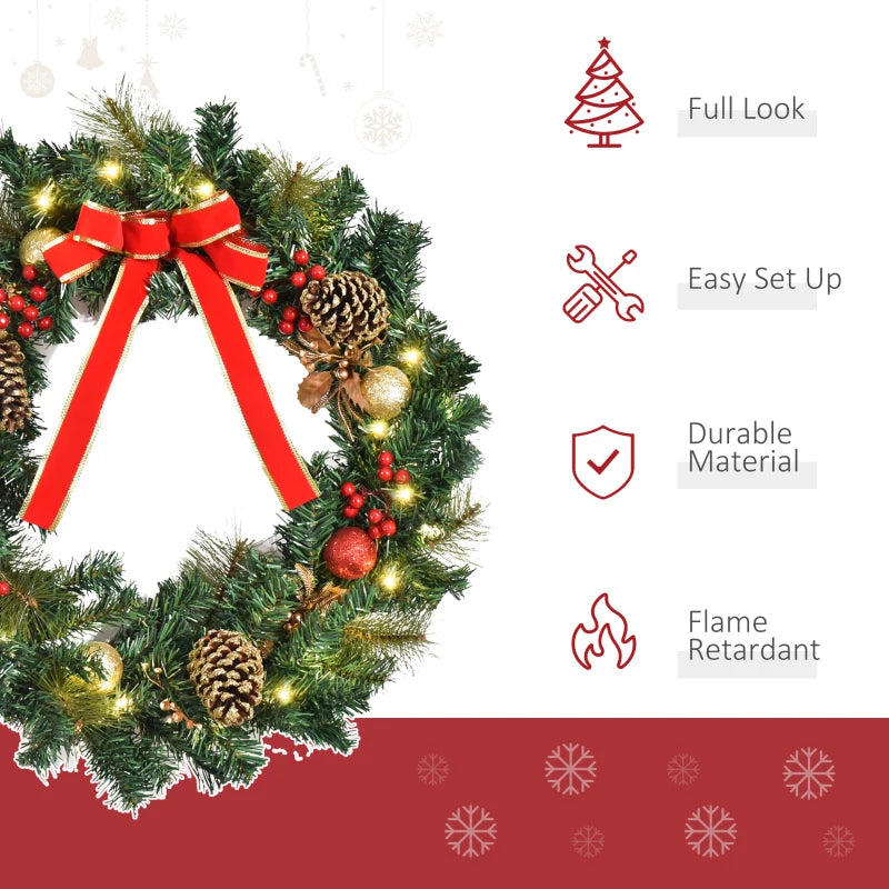 60cm Pre-Lit Artificial Christmas Door Wreath Holly LED Decor Pine Cones Hanging Glittered Festival Indoor Outdoor Decoration
