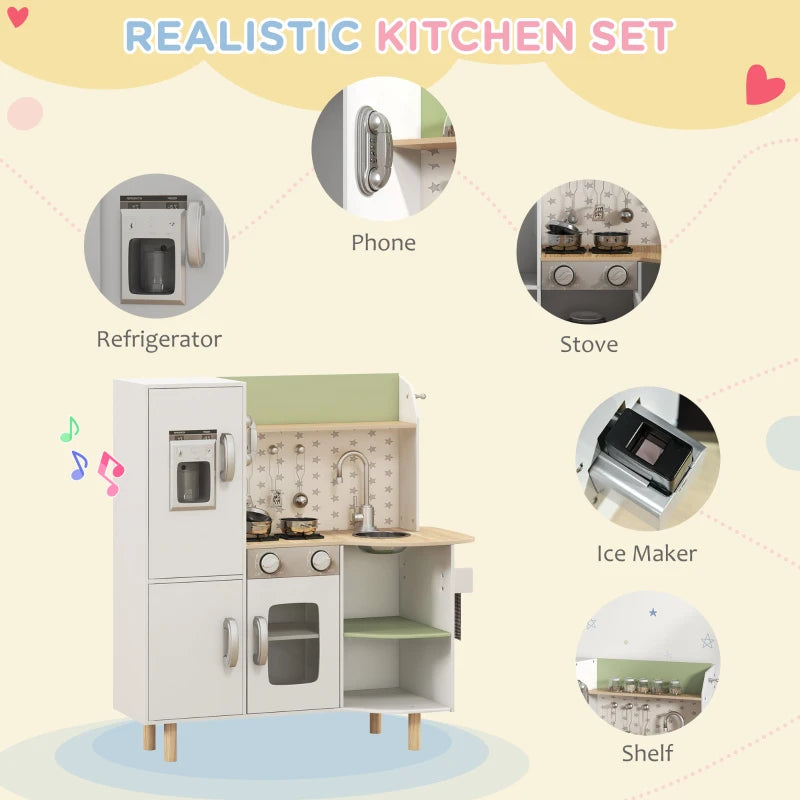 Toy Kitchen, Kids Play Kitchen, Role Playing Game with Phone, Ice Maker, Stove, Utensils, for 3-6 Years, White