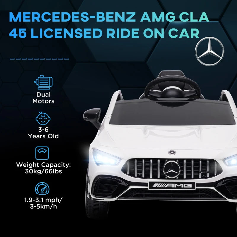 Mercedes-Benz AMG CLA 45 Licensed 12V Kids Electric Car Ride on Car w/ Remote, Suspension Lights Music Horn - White