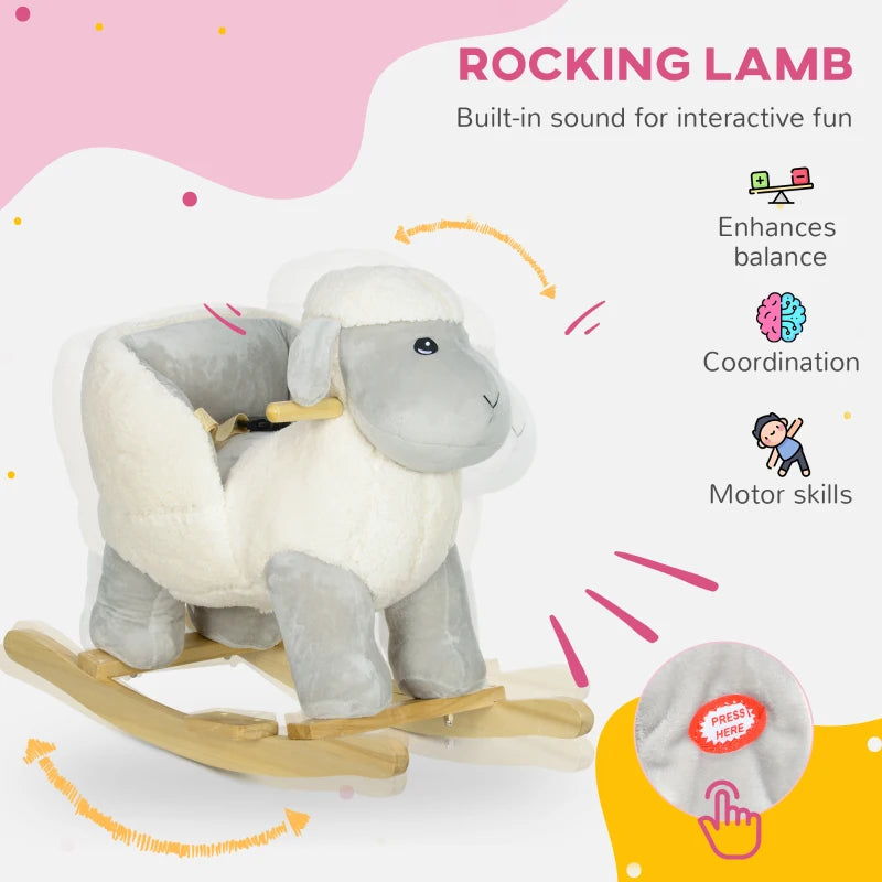Rocking Horse, Ride on Lamb with Safety Belt, Sound, for Ages 18-36 Months, Grey