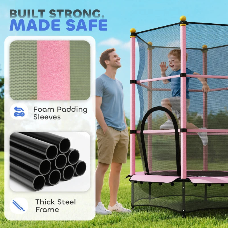4.6FT/55" Kids Trampoline with Safety Enclosure, Outdoor Indoor Use, for Ages 3-10 Years, Pink