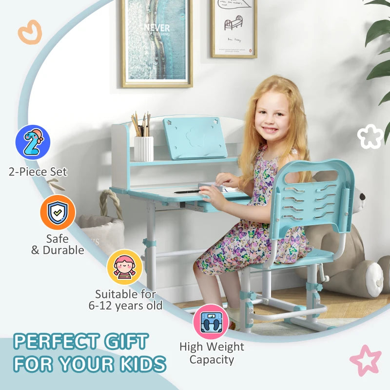 Height Adjustable Kids Study Table and Chair Set, with Drawer, Storage Shelf, 80 x 54.5 x 104 cm, Blue