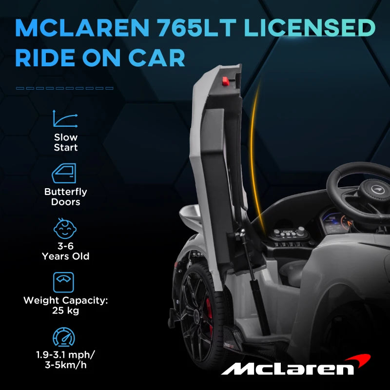 McLaren 765LT Licensed 12V Kids Electric Ride on Car with Butterfly Doors, Remote Control, Transport Wheels, Grey