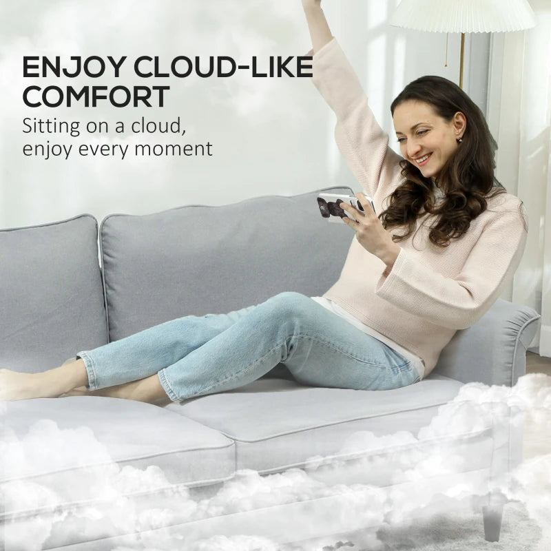 3 Seater Sofa, Modern Fabric Sofa Couch with Spring Cushion, Rubber Wood Legs, 191cm Upholstered Settee for Living Room, Bedroom, Home Office, Guest Room, Grey