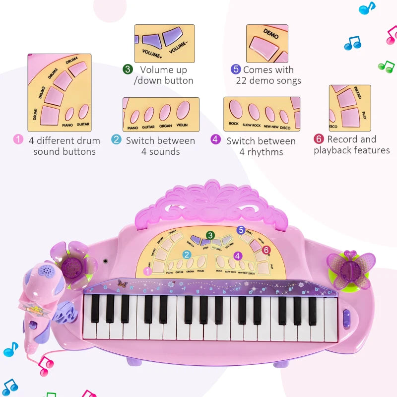 32 Keys Kids Mini Electronic Keyboard Musical Instrument Educational Game Toy Children Grand Piano Stool Microphone