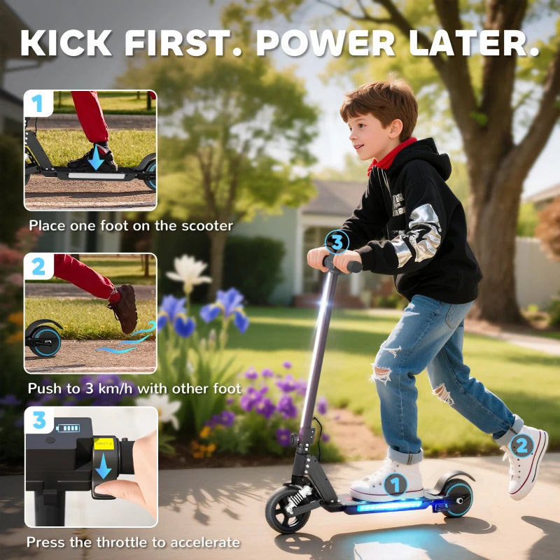 Folding Electric Scooter for Kids, with Dual Brakes, Front Suspension, LED Colourful Lights, Black