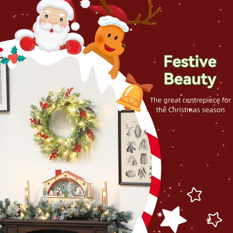60 cm Prelit Christmas Wreath, Door Wreath with Realistic Branches, 30 Warm White LEDs, Timer, Battery Operated