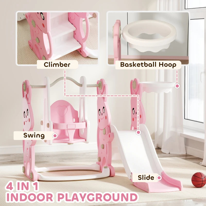4 in 1 Kids Slide and Swing Set with Climber, Basketball Hoop, Rabbit-Themed, Pink