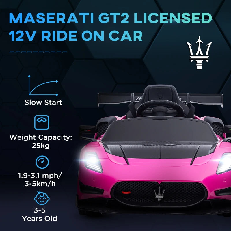 Maserati GT2 Licensed 12V Kids Electric Ride on Car with 4 Suspension Wheels, Remote Control, Music, Horn, Lights, Pink