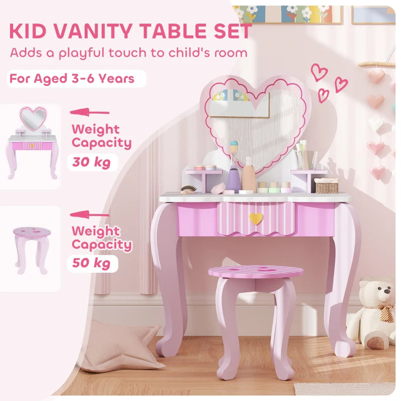 Kids Dressing Table Set, Vanity Table with Stool, Mirror, Drawer, Desktop Storage, Heart Theme, Pink