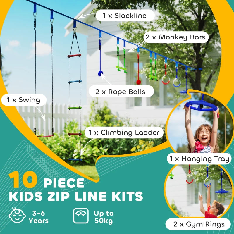 10-Piece Zip Line Kit for Kids with 10m Slackline, Monkey Bars, Swing, Climbing Ladder, Hanging Tray, Metal Rings