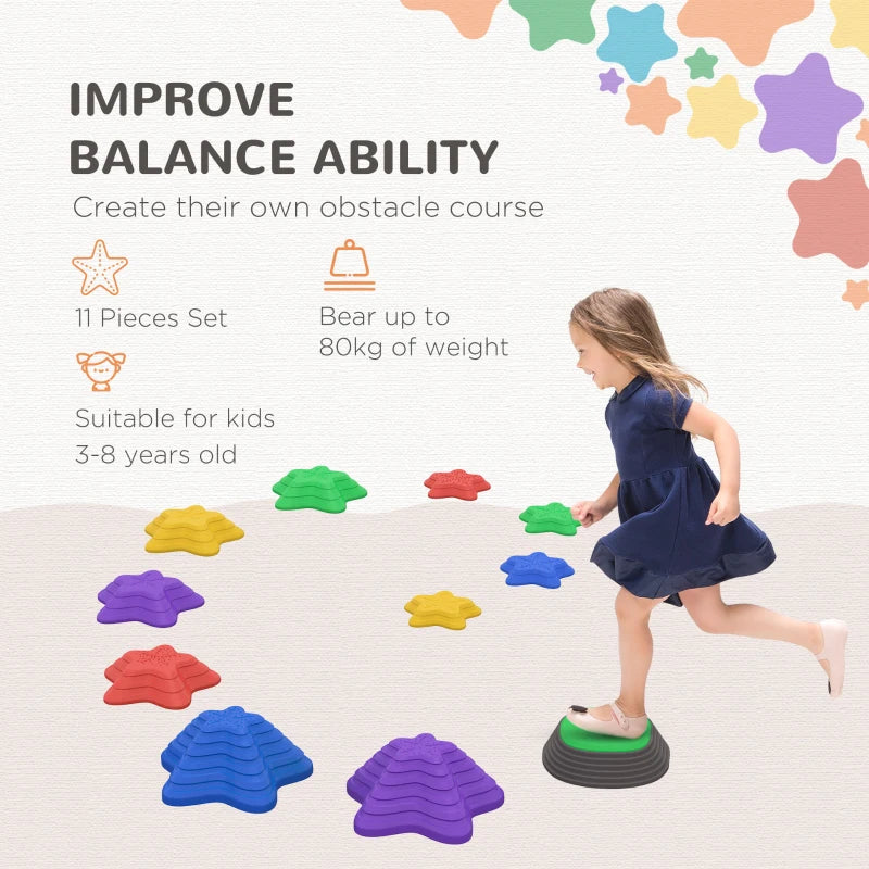Kids Stepping Stones, 11 Pieces Balance River Stones for Obstacle Course, Stackable Non-Slip Starfish Shape, Sensory Play for Indoors, Outdoors