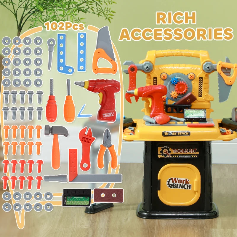 102-Piece Kids Tool Bench with Electric Drill, Storage for Ages 3-6 Years, Yellow