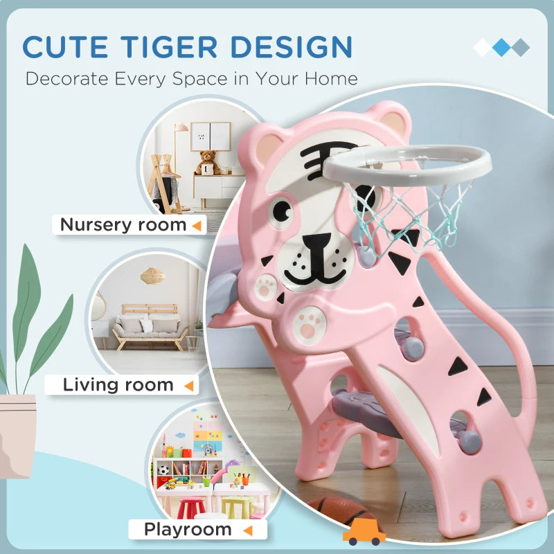 3 in 1 Baby Slide for Indoor Use with Climber, Basketball Hoop, Basketball, for Ages 18-36 Months - Pink