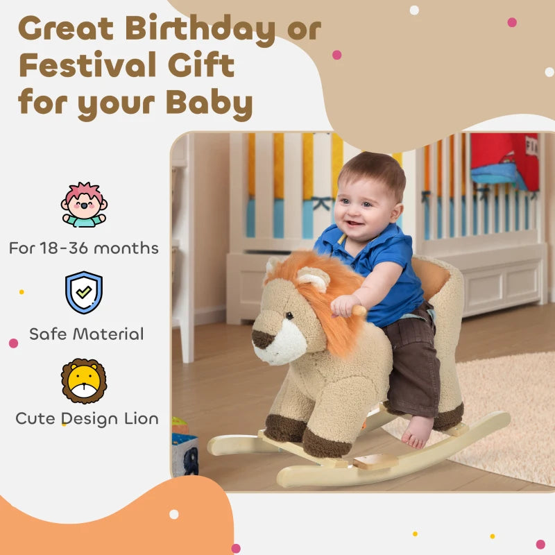 Kids Lion-themed Rocking Horse, with Roaring Sound Button, Seatbelt, Brown