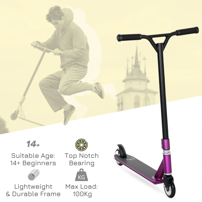 Stunt Scooter, 360° Entry Level Tricks Scooter w/ Lightweight Aluminium Deck and ABEC 7 Bearing, For Age 14+ Beginners, Purple