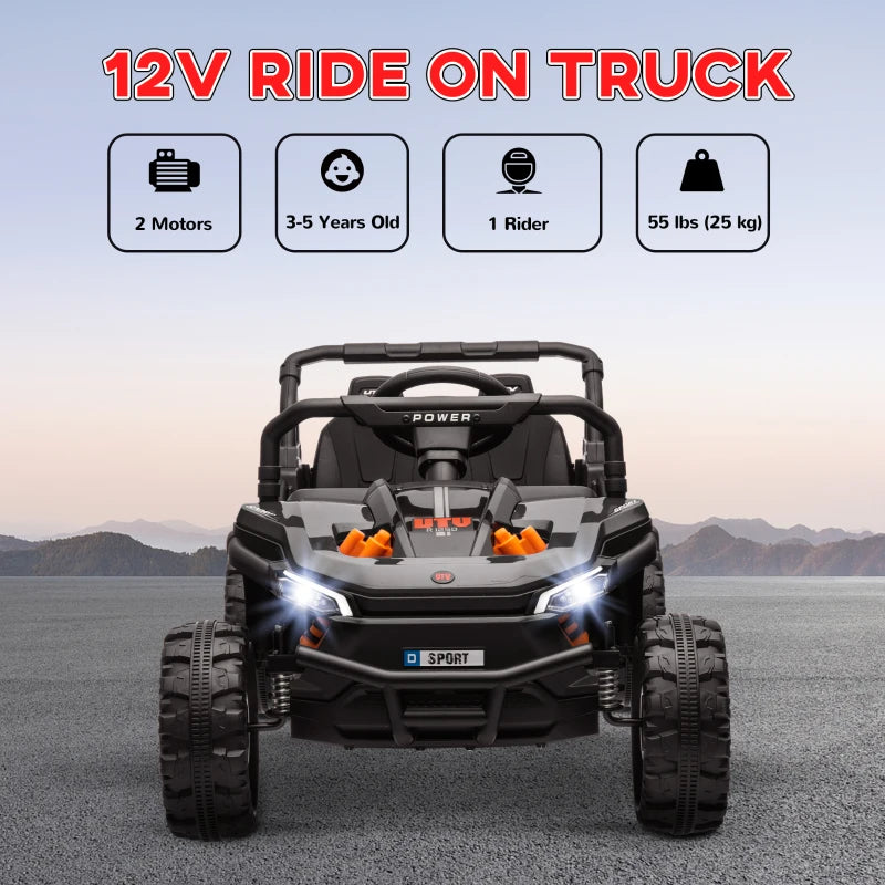 12V Battery Powered Ride on Truck w/ Remote, Four Suspension Wheels, Horn, Lights, Music, USB, for Ages 3-5 Years, Black