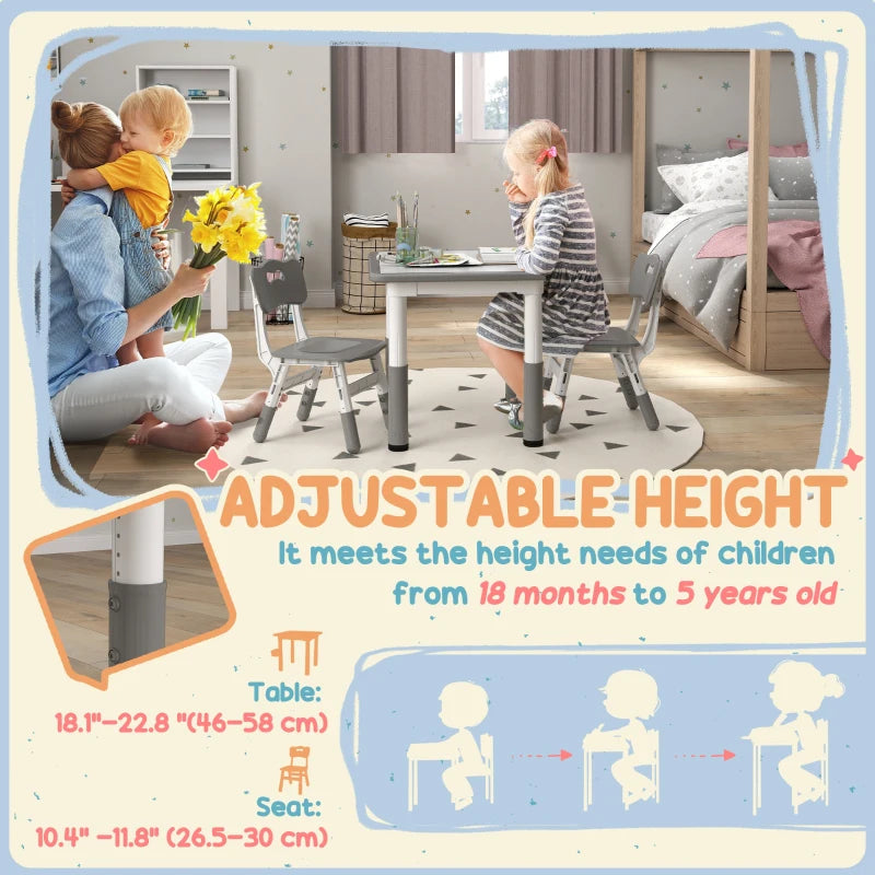Height Adjustable Toddler Table and Chair Set, 3 Pcs Children Activity Table w/ 2 Chairs, for Playroom, Bedroom - Grey