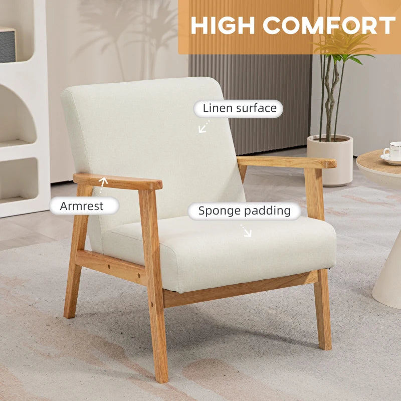 Fabric Accent Chair for Living Room, Arm Chair with Rubber Wood Frame and Padded Cushion, Cream White