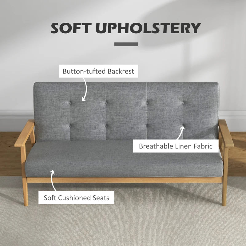 3 Seater Sofa Modern Linen Fabric Upholstery Tufted Couch with Rubberwood Legs for Living Room and Kitchen, 155cm, Dark Grey