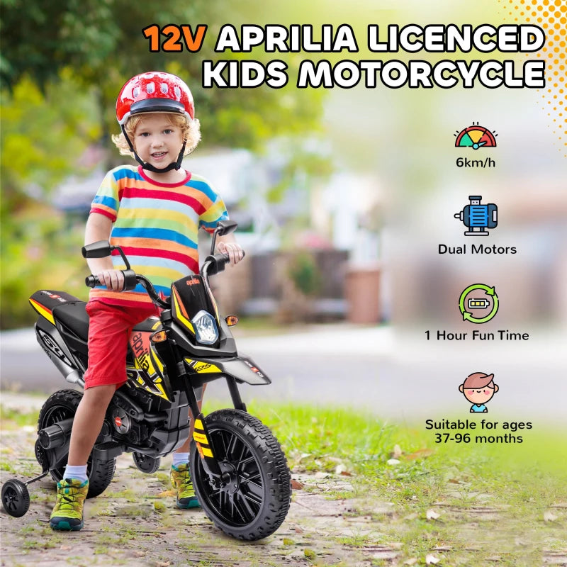 12V Aprilia Licensed Kids Motorbike with Training Wheels, Spring Suspension, LED Headlight, USB, Music, Yellow/black