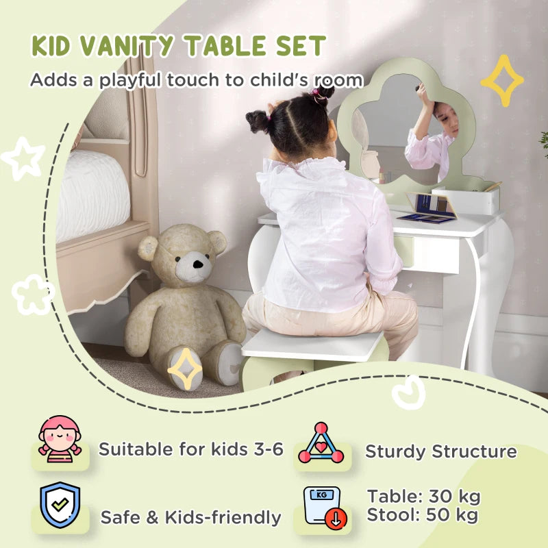 Kids Vanity Table with Mirror and Stool, Drawer, Storage Boxes, Flower Design, for Ages 3-6 Years - White