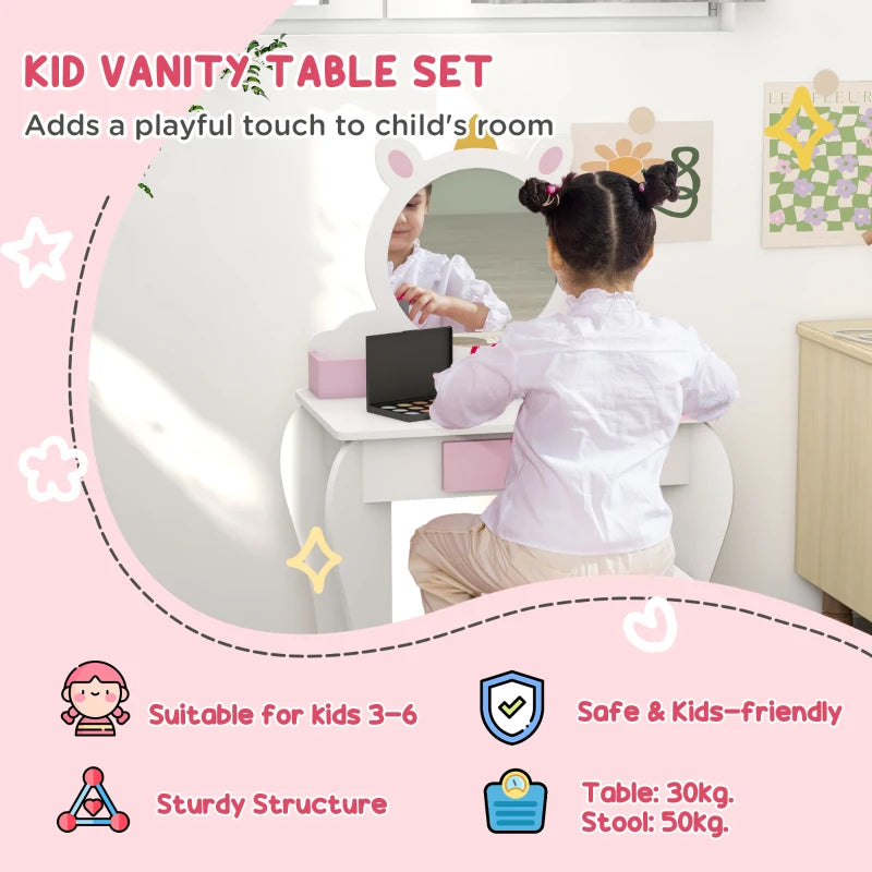 Unicorn-Design Kids Dressing Table, with Mirror and Stool - White
