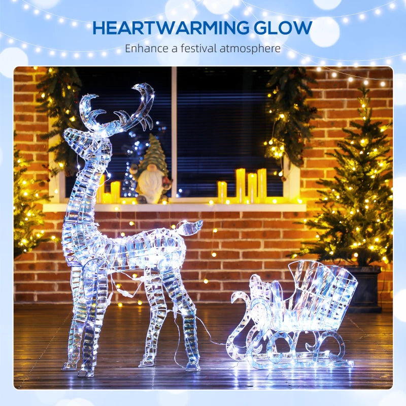 Lighted Christmas Reindeer with Sleigh, Outdoor Yard Reindeer with 170 Warm White LED Lights, Holiday Decor with Stakes, Waterproof, Silver
