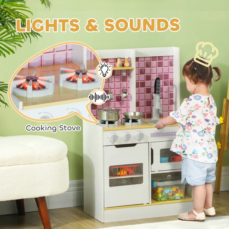 Kids Play Kitchen, Pretend Play Kitchen with Realistic Oven, Stove, Sink, Kitchen, Accessories, White