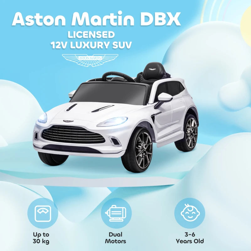 Aston Martin DBX Licensed Battery Powered Kids Electric Car, 12V Kids Ride on Car w/ Lights, Music Horn, White