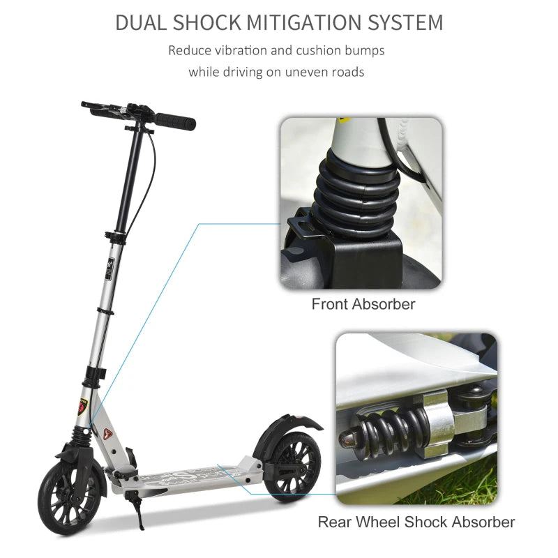 Teen/Adults Aluminium Folding Kick Scooter w/ Shock Mitigation System Silver