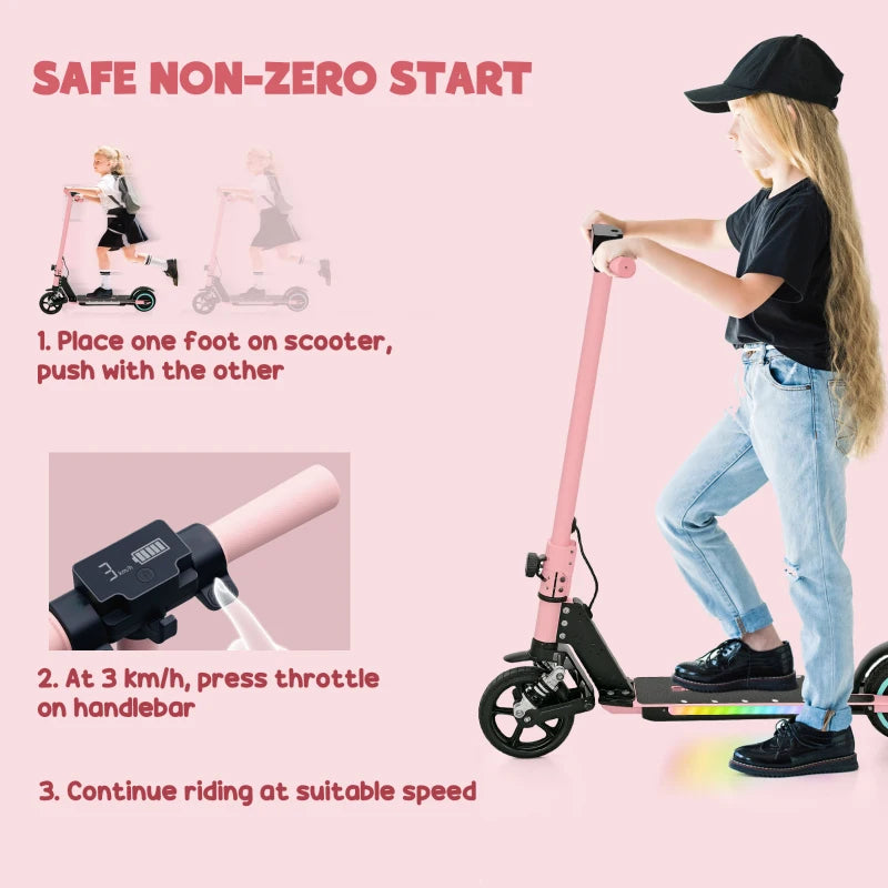 Folding Electric Scooter for Kids, with Dual Brakes, Front Suspension, LED Colourful Lights, Pink