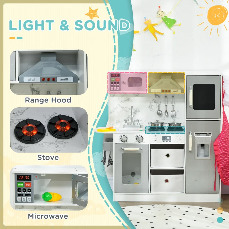 Toy Kitchen with Lights, Sounds, Apron and Chef Hat, Ice Maker, Microwave, for Ages 3-6 Years - White