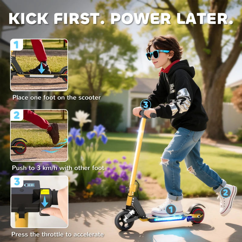 Folding Electric Scooter for Kids, with Dual Brakes, Front Suspension, LED Colourful Lights, Gold