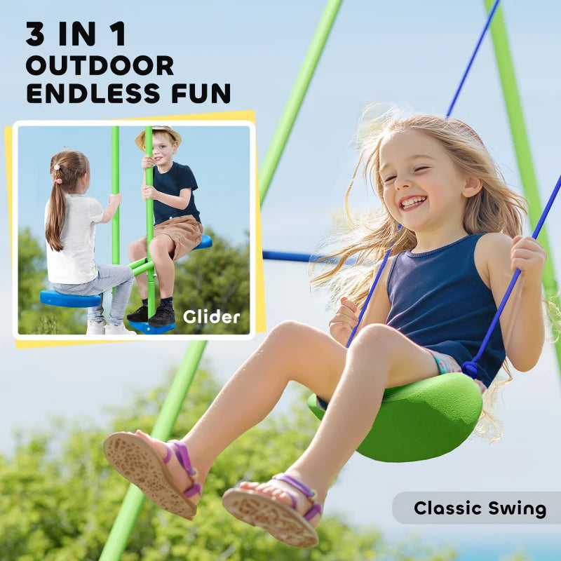 Metal Garden Swing Set Height Adjustable Children Outdoor Backyard Play Set for Toddlers Over 3 Years Old, Green