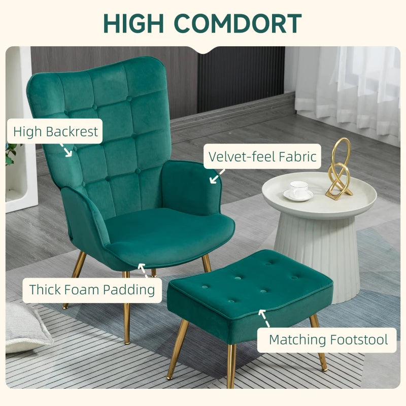 Modern Armchair with Footstool, Upholstered Accent Chair with Ottoman, Steel Legs, Velvet Wingback Chair for Living Room, Bedroom, Home Study, Dark Green