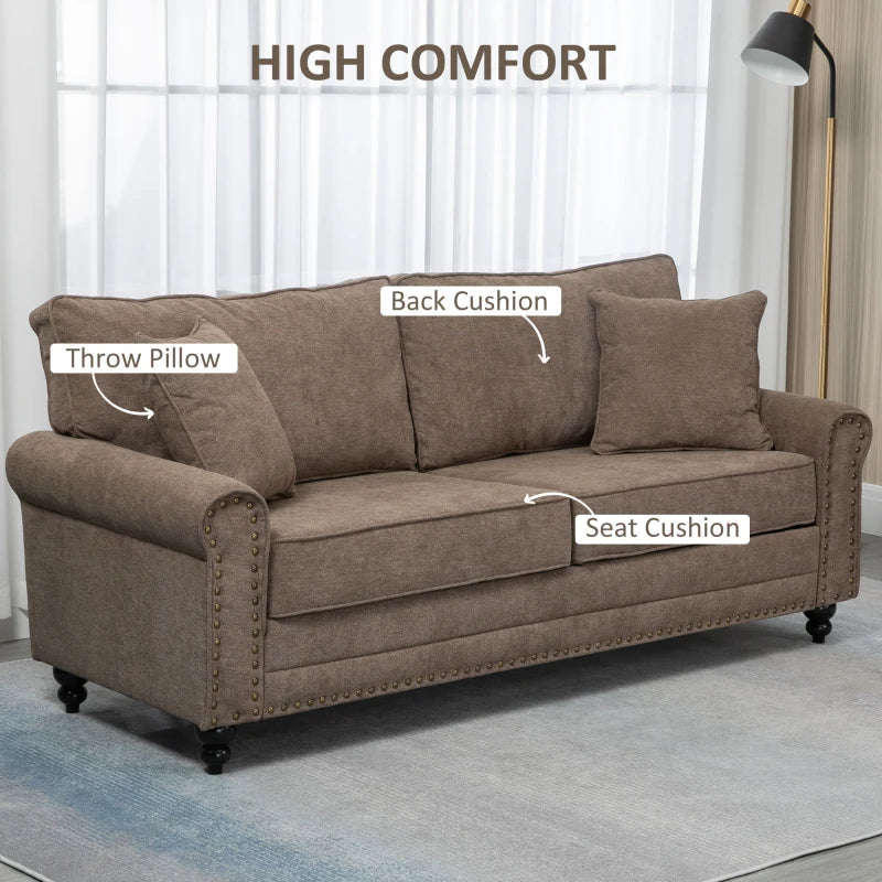 196cm 3 Seater Sofa, Fabric Sofa with Rubber Wood Legs, Nailhead Trim, 2 Pillows, Small Upholstered Couch Settee for Living Room, Guest Room, Brown
