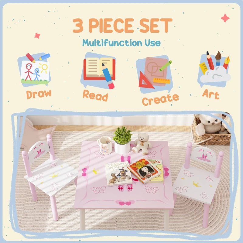 Princess-Designed Kids Table and Chairs Set for Activity, Art, Drawing, Toddler Table and Chairs Set for Playroom