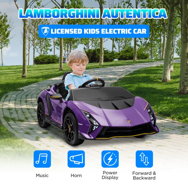 12V Lamborghini Autentica Licensed Kids Electric Car with Remote Control, Four Suspension Wheels, Soft Start, Purple