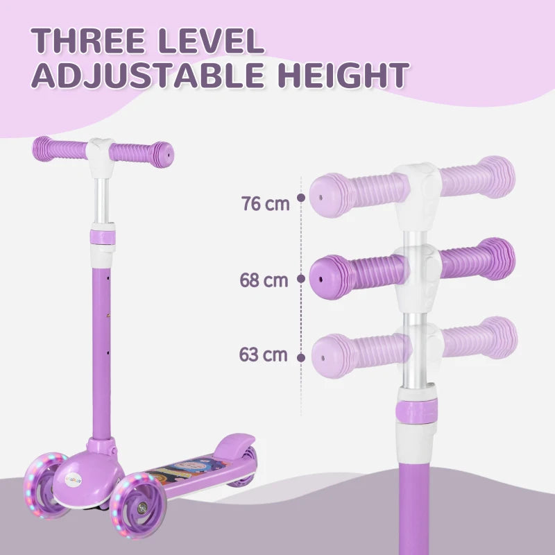 Kids 3 Wheel Scooter for 2-6 Years Old w/ Adjustable Height, LED Light, TPE Handlebar, Purple