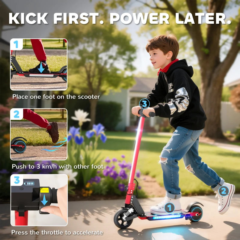 Folding Electric Scooter for Kids, with Dual Brakes, Front Suspension, LED Colourful Lights, Red