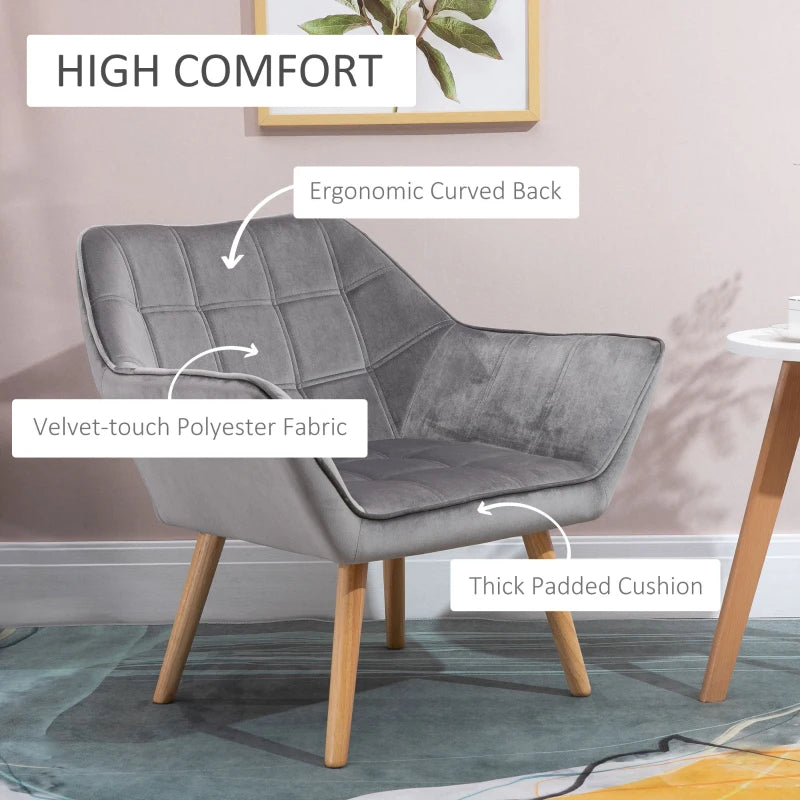 Armchair Accent Chair, Vanity Chair with Wide Arms, Slanted Back, Padding, Metal Frame, Wooden Legs, Home Bedroom Furniture Seating, Grey