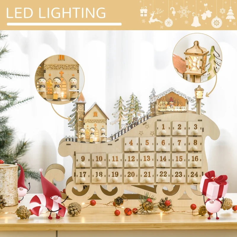 Christmas Advent Calendar, 2021 Light Up Table Xmas Wooden Sleigh Holiday Decoration with Countdown Drawer, Village, for kids Adults, Natural Wood Color