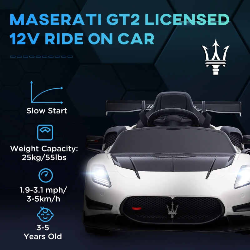 Maserati GT2 Licensed 12V Kids Electric Ride on Car with 4 Suspension Wheels, Remote Control, Music, Horn, Lights, White