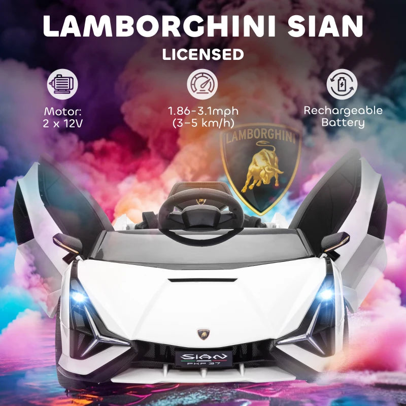 Lamborghini Sian Licensed 12V Kids Electric Ride On Car 2 Motors Toy Car with Remote Control Music Lights MP3 for 3-5 Years White