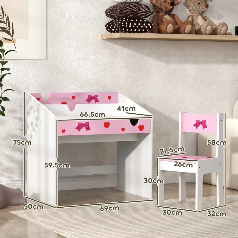 Children Study Table and Chair, Kids Desk and Chair Set with Storage, Pull-Out Drawer, for Ages 3-6 Years, Pink