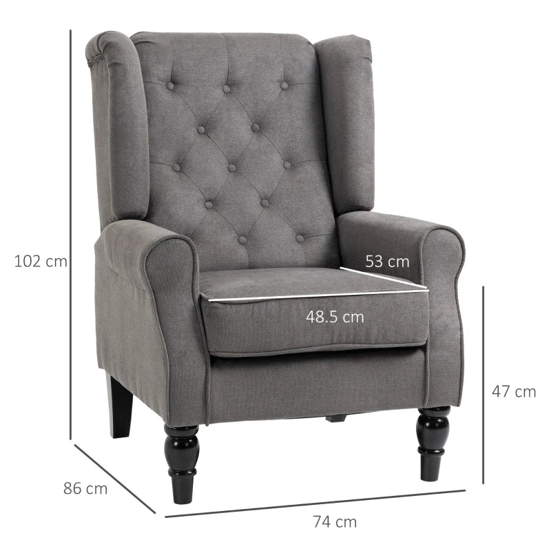 Retro Accent Chair, Linen Wingback Armchair with Wood Frame Button Tufted Design for Living Room Bedroom, Dark Grey
